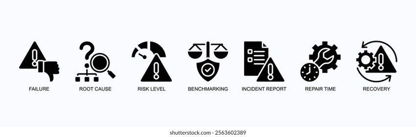Incident Analysis And Recovery Icon Set Isolated Vector Illustration Concept With Icon Of Failure, Root Cause, Risk Level, Benchmarking, Incident Report, Repair Time, Recovery In Glyph Style