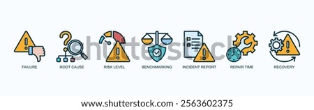 Incident Analysis And Recovery Icon Set Isolated Vector Illustration Concept With Icon Of Failure, Root Cause, Risk Level, Benchmarking, Incident Report, Repair Time, Recovery In Outline Color Style