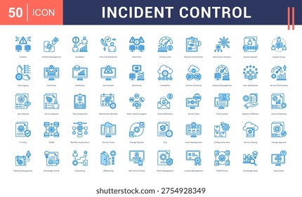 Incident Control Icon Set. incident, problem management, escalation, first-call resolution, downtime and more. Blue Style vector icons collection.