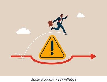 Incident management. Businessman run the way around and jump pass  incident with exclamation attention sign. Flat vector illustration