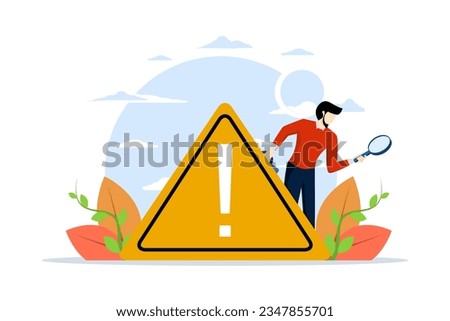 incident management concept, root cause analysis or problem solving, critical risk or failure identification, entrepreneur with magnifying monitor and incident investigation with exclamation point.