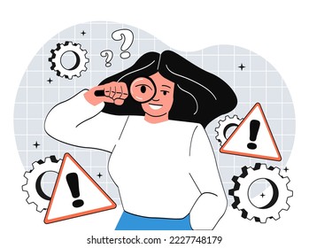 Incident management concept. Woman with magnifying glass will look at error sign. Technical support, programmer fixes code. Modern technologies and digital world. Cartoon flat vector illustration