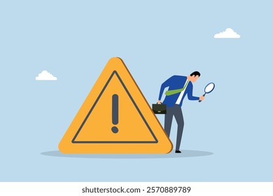 Incident management, Entrepreneur using a magnifying glass to examine an incident marked by an attention exclamation sign. 