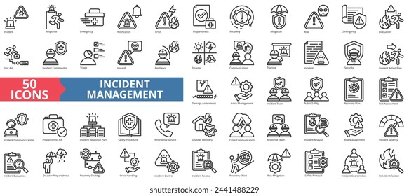 Conjunto de recopilación de iconos de administración de incidentes. Icono de respuesta, emergencia, notificación, crisis, preparación, recuperación y mitigación. Vector de línea simple.