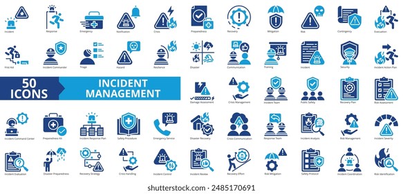 Conjunto de colecciones de iconos de administración de incidentes. Icono de respuesta, emergencia, notificación, crisis, preparación, recuperación y mitigación. Simple Ilustración vectorial plana.