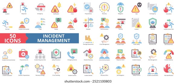 Conjunto de coleta do ícone Gerenciamento de incidentes. Ícone de resposta, emergência, notificação, crise, preparação, recuperação e mitigação. Ilustração simples em cores planas.