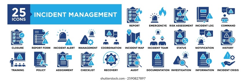 Incident Management icon collection set. Containing design Incident Report, Emergency Response, Risk Assessment, Incident Log, Incident Command