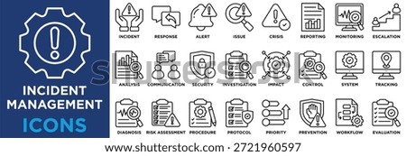Incident Management icon collection set. Containing incident,response,alert,issue,crisis,reporting,monitoring,resolution,escalation,priority,impact icon