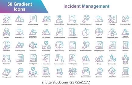 Incident Management Icon Set Collection. Containing Measurement, Procedure, Risk, Evaluation, Prepared, Response, Investigation, Evacuation, Communication. Simple Gradation Vector Illustration.