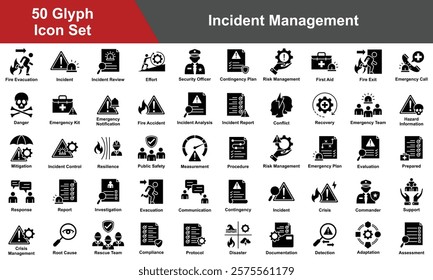 Incident Management Icon Set Collection. Containing Measurement, Procedure, Risk Management, Evaluation, Prepared, Response, Investigation, Evacuation, Communication. Simple Glyph Vector Illustration.