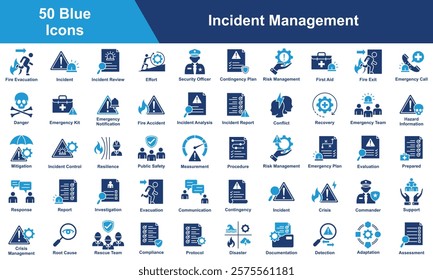 Incident Management Icon Set Collection. Containing Measurement, Procedure, Risk Management, Evaluation, Prepared, Response, Investigation, Evacuation, Communication. Simple Blue Vector Illustration.