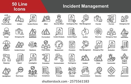 Incident Management Icon Set Collection. Containing Measurement, Procedure, Risk Management, Evaluation, Prepared, Response, Investigation, Evacuation, Communication. Simple Line Vector Illustration.