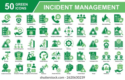 Incident Management Icon Set Collection. Containing Risk Management, Mitigation, Risk Assessment, Incident Report, Emergency Call, Danger, Incident, Fire, Rescue Team. Simple Green Vector Illustratio