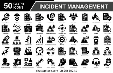 Incident Management Icon Set Collection. Containing Risk Management, Mitigation, Risk Assessment, Incident Report, Emergency Call, Danger, Incident, Fire, Rescue Team. Simple Glyph Vector Illustration