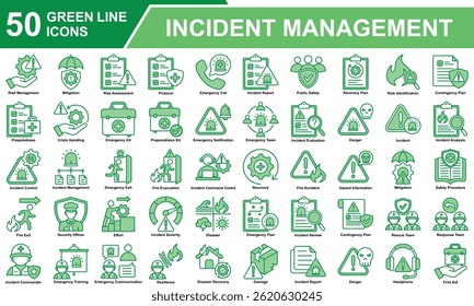 Incident Management Icon Set Collection. Containing Risk Management, Mitigation, Risk Assessment, Incident Report, Emergency Call, Danger, Incident, Rescue Team. Simple Green Line Vector Illustration.