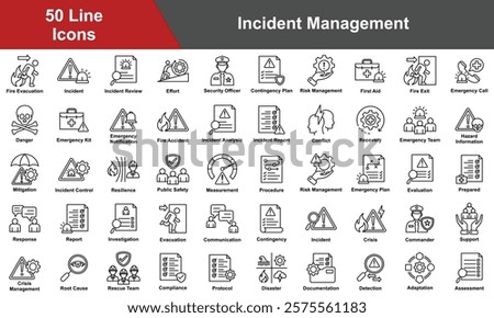 Incident Management Icon Set Collection. Containing Measurement, Procedure, Risk Management, Evaluation, Prepared, Response, Investigation, Evacuation, Communication. Simple Line Vector Illustration.