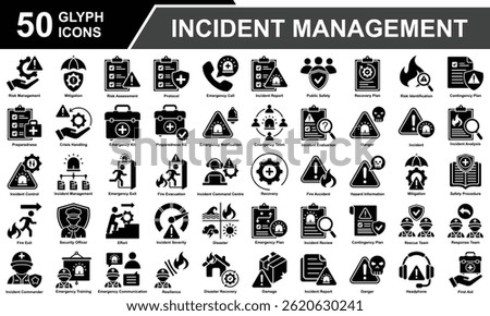 Incident Management Icon Set Collection. Containing Risk Management, Mitigation, Risk Assessment, Incident Report, Emergency Call, Danger, Incident, Fire, Rescue Team. Simple Glyph Vector Illustration