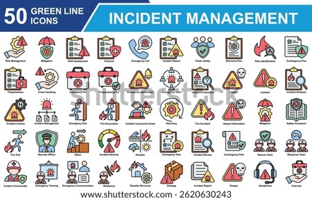 Incident Management Icon Set Collection. Containing Risk Management, Mitigation, Risk Assessment, Incident Report, Emergency Call, Danger, Incident, Fire, Rescue Team. Simple Color Vector Illustration