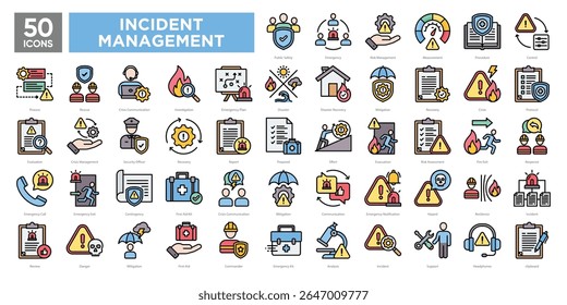 Incident Management icons collection set, including emergency response, risk assessment, crisis communication, and recovery. Ideal for safety materials, infographics, and presentations.