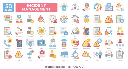 Incident Management icons collection set, including emergency response, risk assessment, crisis communication, and recovery. Ideal for safety materials, infographics, and presentations.