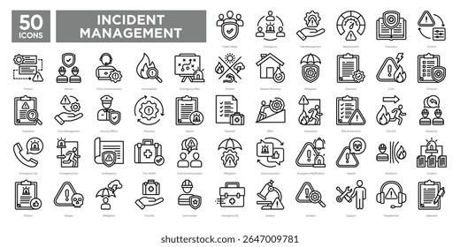 Incident Management icons collection set, including emergency response, risk assessment, crisis communication, and recovery. Ideal for safety materials, infographics, and presentations.