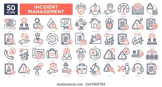 Incident Management icons collection set, including emergency response, risk assessment, crisis communication, and recovery. Ideal for safety materials, infographics, and presentations.