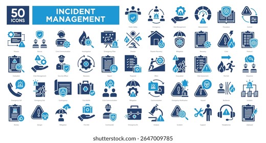 Incident Management icons collection set, including emergency response, risk assessment, crisis communication, and recovery. Ideal for safety materials, infographics, and presentations.