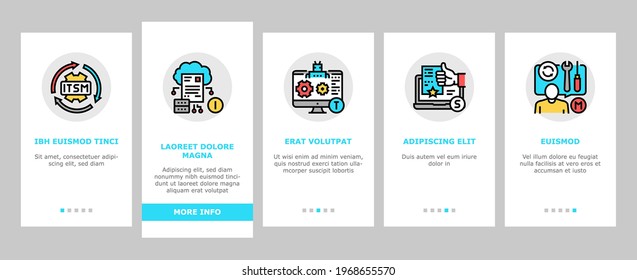 Incident Management Onboarding Mobile App Page Screen Vector. It Service Manage And Virus Report, Repairman And Computer Incident Repair, Online Support And Aid Illustrations