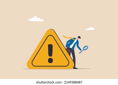 Incident management, root cause analysis or solving problem, identify risk or critical failure concept, businessman with magnifier monitor and investigate incident with exclamation attention sign.