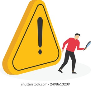 Incident management, root cause analysis or solving problem, identify risk or critical failure concept, businessman with magnifier monitor and investigate incident with exclamation attention sign.

