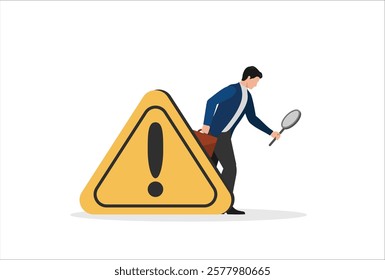 Incident management, root cause analysis or solving problem, identify risk or critical failure concept, businessman with magnifier monitor and investigate incident with exclamation attention sign.
