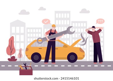 Incident on road, broken car, sad driver grabbed head and not know what to do. Repairman holds wrench and give support. Car breakdown on road. Motor problem, repair service, road accident. flat vector