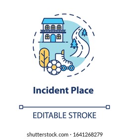 Incident place, injury site concept icon. Domestic and sports trauma factors, traffic accidents location thin line illustration. Vector isolated outline RGB color drawing. Editable stroke