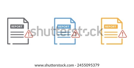 Incident reporting icon, report file with exclamation mark sign concept vector icon design isolated on white background in three different styles. 