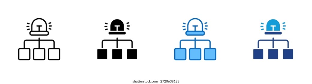 Plano de resposta a incidentes Ícone de estilo múltiplo Design Vetor - beacon de alerta acima de um fluxo conectado de três caixas vinculadas, simbolizando procedimentos estruturados para reagir rapidamente a incidentes de segurança
