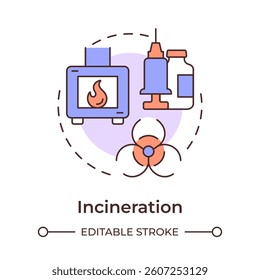 Incineration multi color concept icon. Medical garbage. Biomedical waste disposal. Biohazard, risk. Round shape line illustration. Abstract idea. Graphic design. Easy to use in presentation