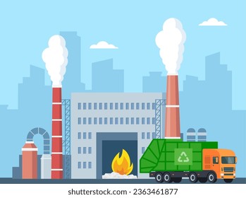 Planta de incineración y camión de basura. Fábrica de desechos. Transporte y reciclaje de basura. Eliminación de basura. Tuberías de humo. Contaminación de la naturaleza. Construcción industrial. Ilustración del vector