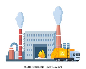 Incineration plant and garbage truck. Waste factory. Trash transportation and recycling. Rubbish disposal. Smoke pipes. Nature pollution. Industrial production building. Vector illustration