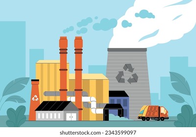 Incineration plant. Waste factory. Trash transportation and recycling. Garbage truck. Rubbish disposal. Smoke pipes. Nature pollution. Industrial production building