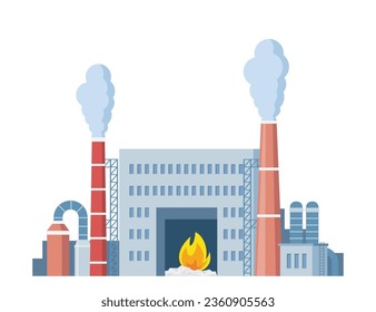 Incineration plant. Waste factory. Trash transportation and recycling. Rubbish disposal. Smoke pipes. Nature pollution. Industrial production building. Vector illustration