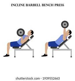 Incline barbell bench press workout exercise vector illustration on the white background.