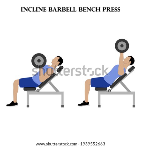 Incline barbell bench press workout exercise vector illustration on the white background.