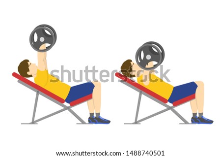 Incline bench press exercise for chest. Man doing workout with barbell. Bodybuilder in the gym. Isolated vector illustration in cartoon style