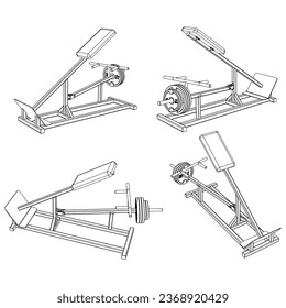 incline lever row. Fitness, cardio, and muscle building machines, equipments set at gym. Workout and training concept. Vector illustration.