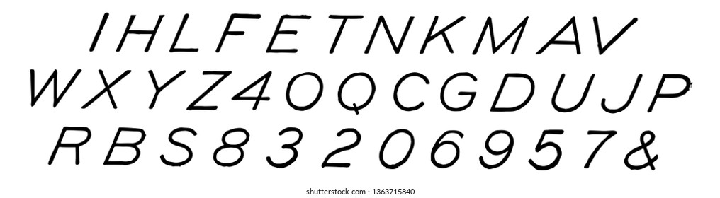 Inclined Capital Letters made to a slope of between 60 and 70 degrees is preferred by perhaps a majority of draftsman, vintage line drawing or engraving illustration.