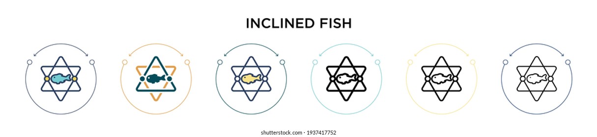 Inclined fish icon in filled, thin line, outline and stroke style. Vector illustration of two colored and black inclined fish vector icons designs can be used for mobile, ui, web