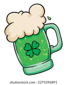 Inclined glass mug with four-leaf clover, bubbling green beer, foam and drop. Cartoon style design for St. Patrick's Day.