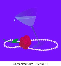 An inclined glass wine glass with beads and a rose flower isolated with a purple background.
