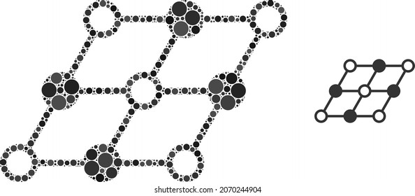 Inclined grid vector composition of small circles in variable sizes and color hues. Small circles are organized into inclined grid vector mosaic. Abstract vector illustration.