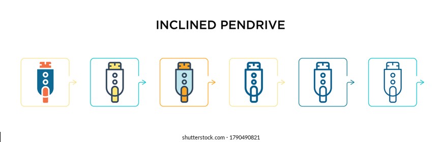 Eingebündeltes Pendriv-Vektorsymbol in 6 verschiedenen modernen Stilen. Schwarze, zweifarbige, geneigte Pendriv-Icons, die in voller Umriss-, Linien- und Strichform entworfen wurden. Vektorgrafik kann für Web, 
